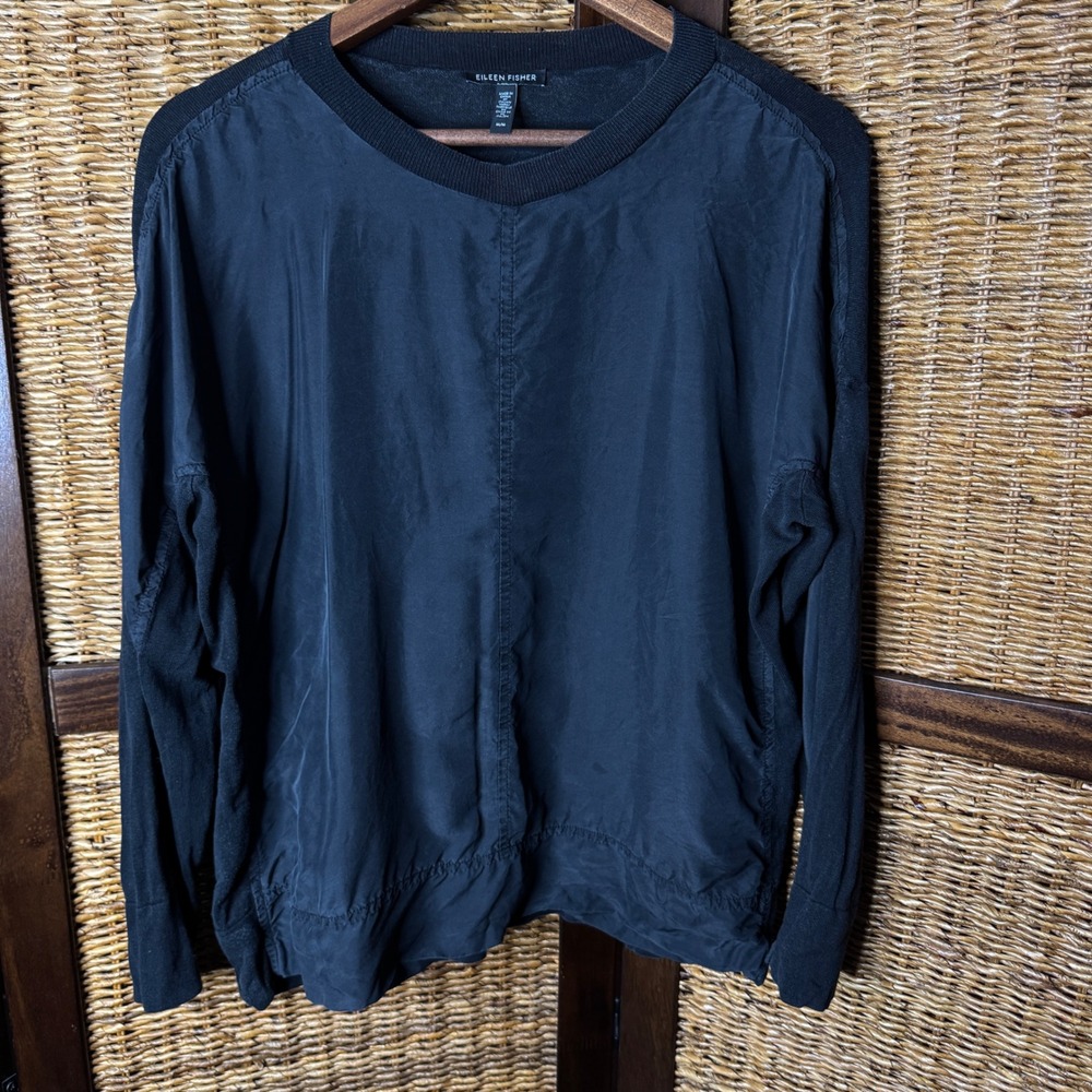 Eileen Fisher Black Silk Front Mixed Media Long Sleeve Knit Top Crew Neck Size M